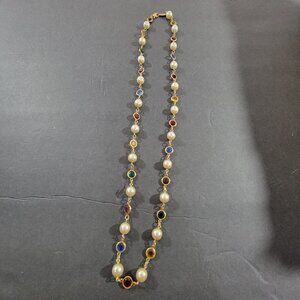 Multicolor Austrian Crystal Faux Pearl Link Necklace Gold Tone USA 29"
